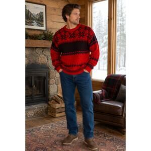 Vintage White Stag Men's Size L Fair Isle Wool Blend Red Sweater Hong Kong